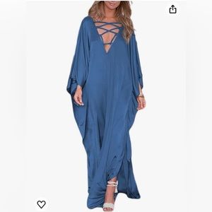 BLUE SATIN BEACH COVER UP DRESS LACE UP FRONT